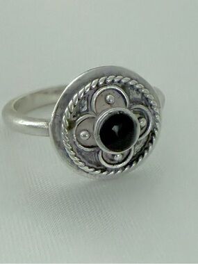 BOMA 925 Sterling Silver Black Onyx Ring - Floral Bali Style Statement Band Sz 7